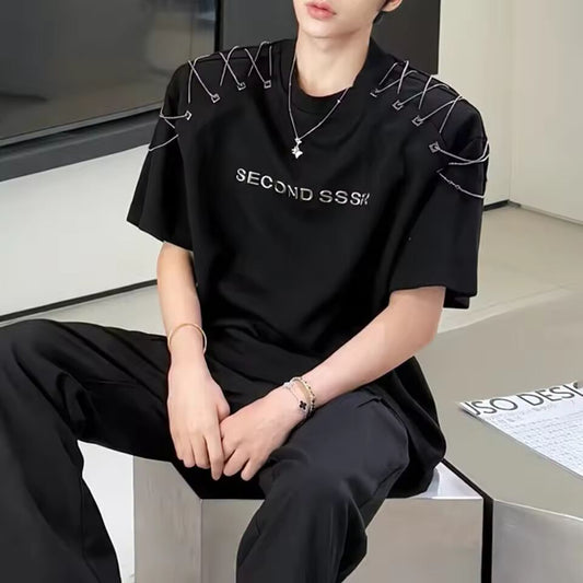 Summer New Men's Metal Link Solid Color Short-Sleeved T-Shirt American Fashion Trend Street Hip-Hop Casual Loose Niche Mens Tops