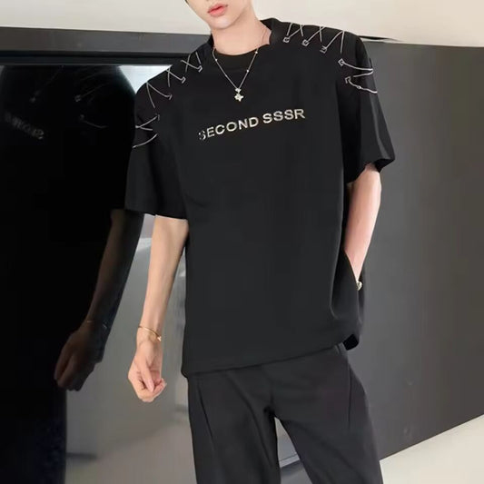 Summer New Men's Metal Link Solid Color Short-Sleeved T-Shirt American Fashion Trend Street Hip-Hop Casual Loose Niche Mens Tops
